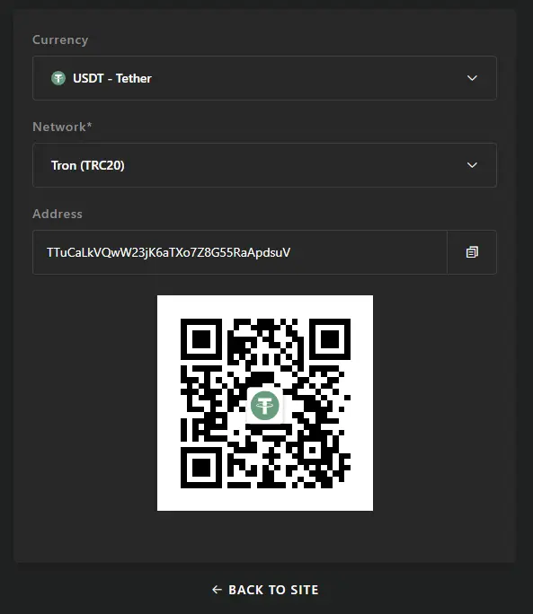 Criptomoneda, red Tron TRC20 y dirección de depósito con código QR generados por BFB247-96EX
