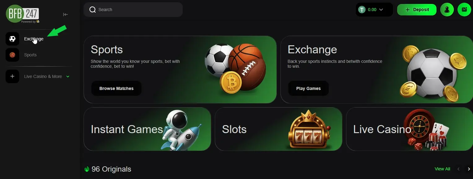 BFB247-96EX side menu showing Exchange button — access Orbit Exchange