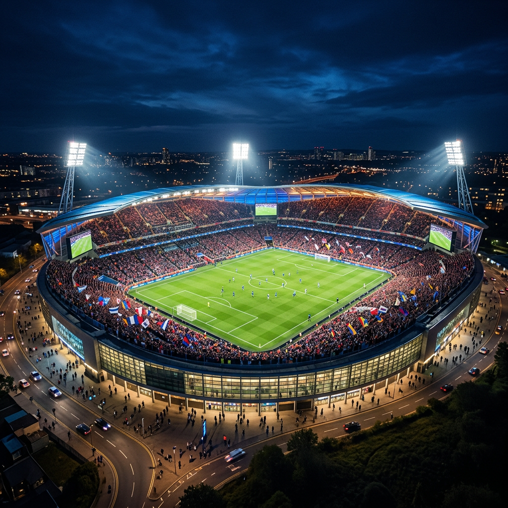 Estádio de futebol à noite — jogos grandes com alta liquidez para trading na Orbit Exchange