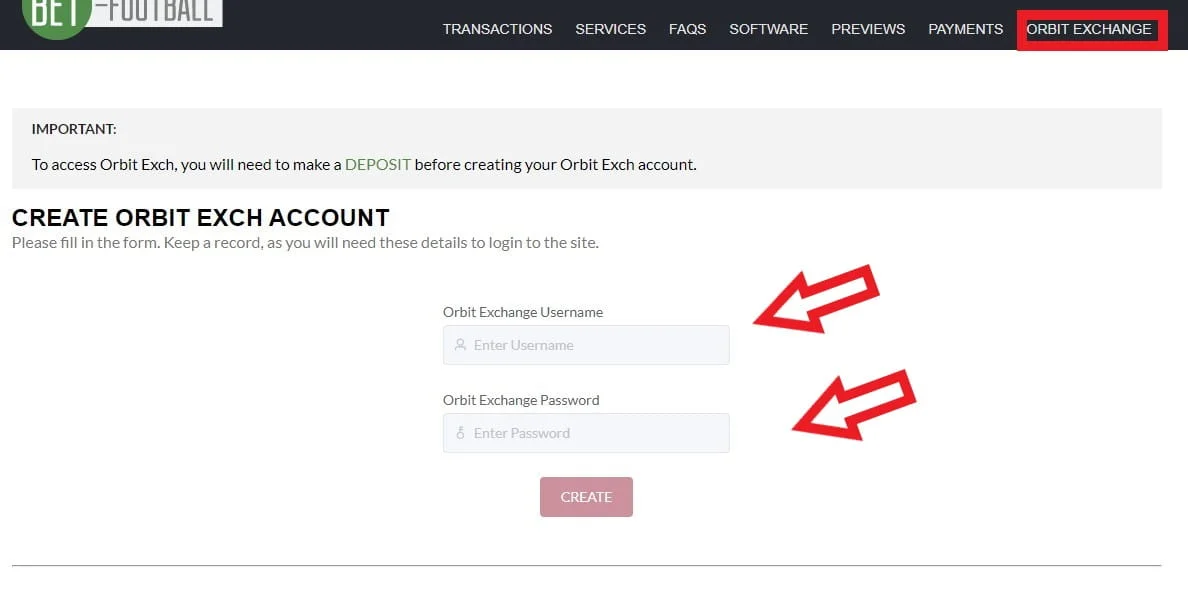 Criar conta Orbit Exchange via Bet-Football - Formulário com username e password para aceder à exchange